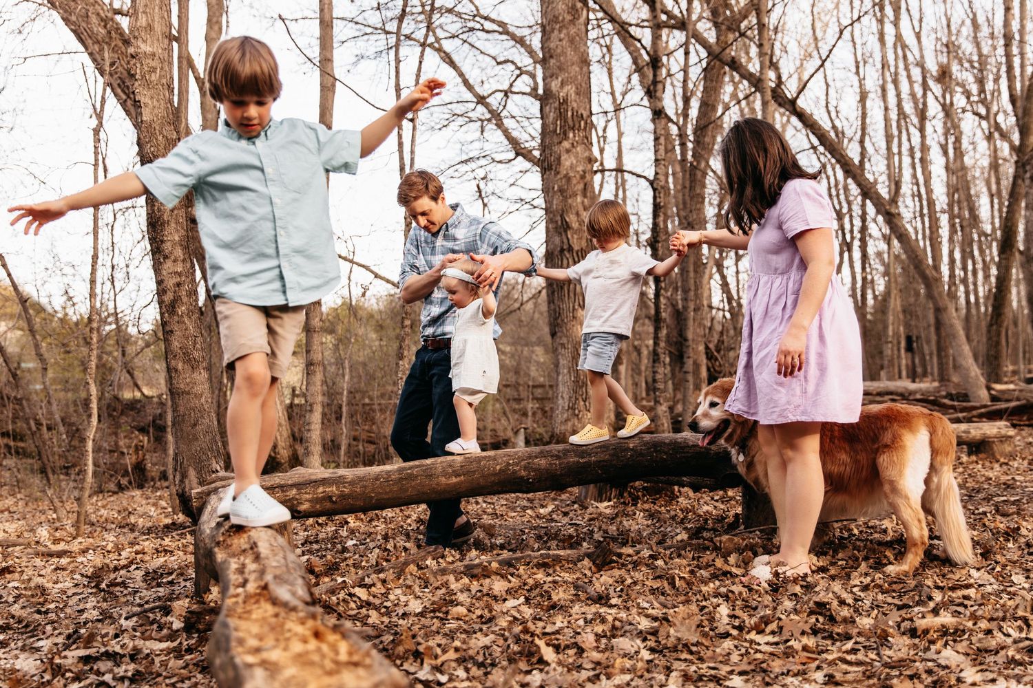 Documentary family photo of kids balancing on a log in Minneapolis with their parents and dog nearby