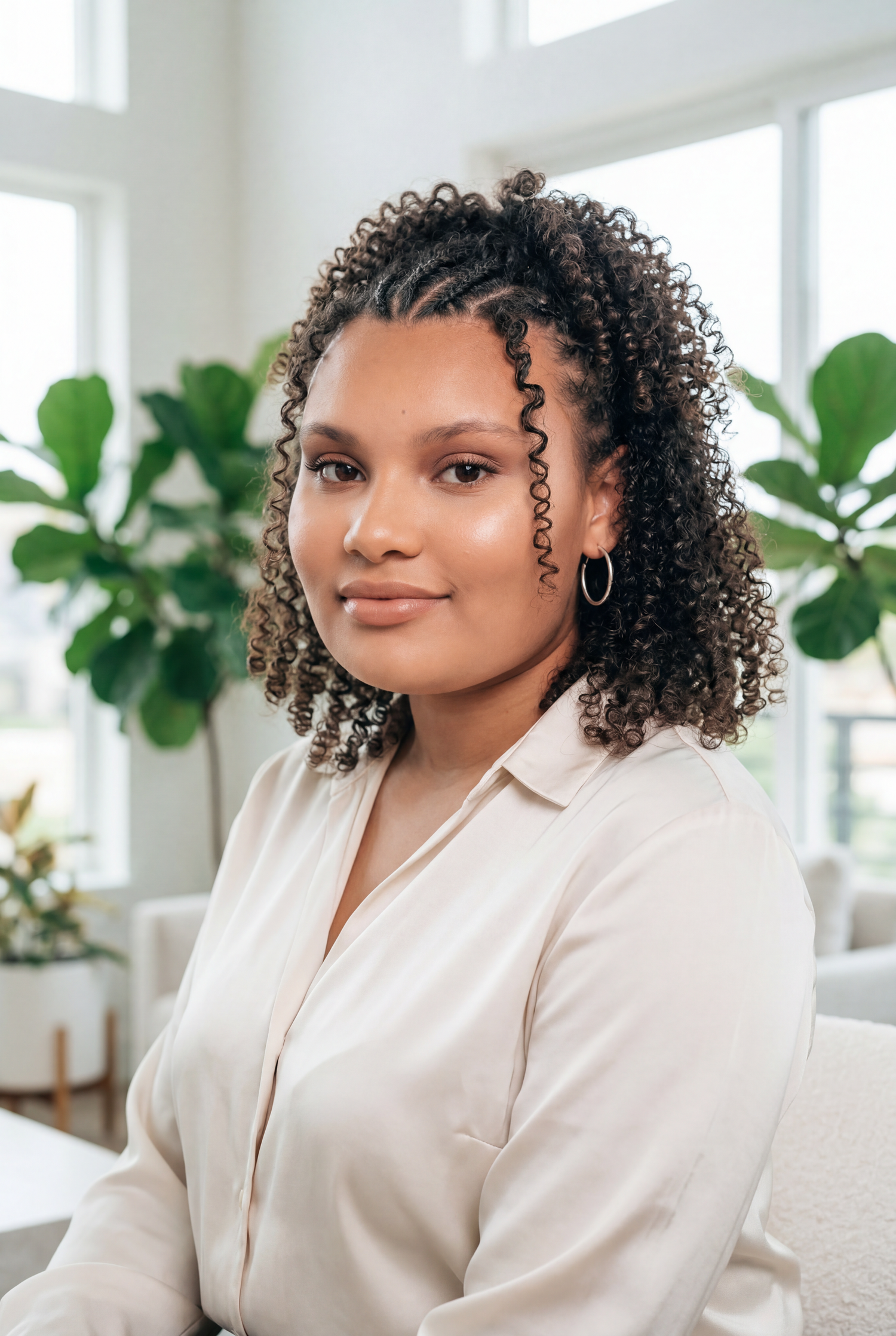 Young woman with curly hair wearing a cream blouse, smiling indoors with green plants in bright background.