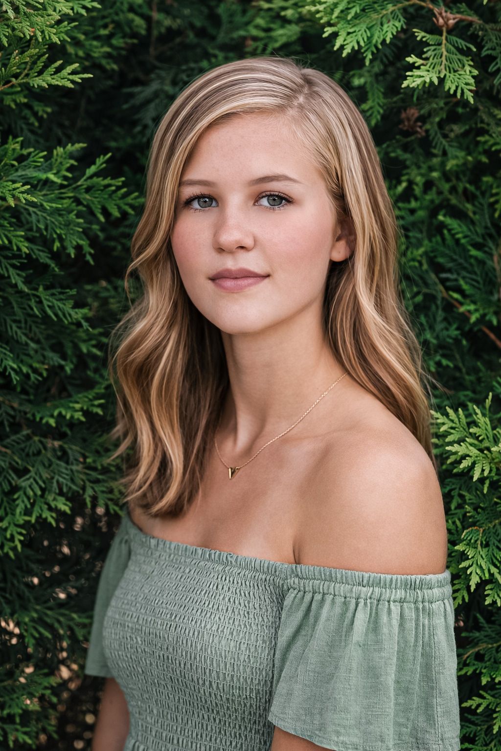 Portrait series in sage green off-shoulder top against lush evergreen foliage background.