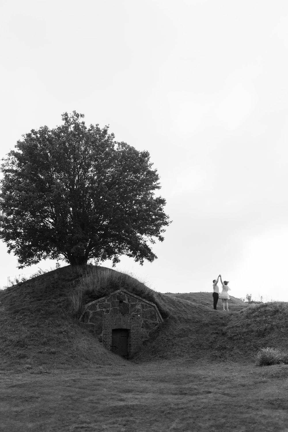 Black and white photo series showing a small wooden structure built into a grassy hillside with trees in the background.