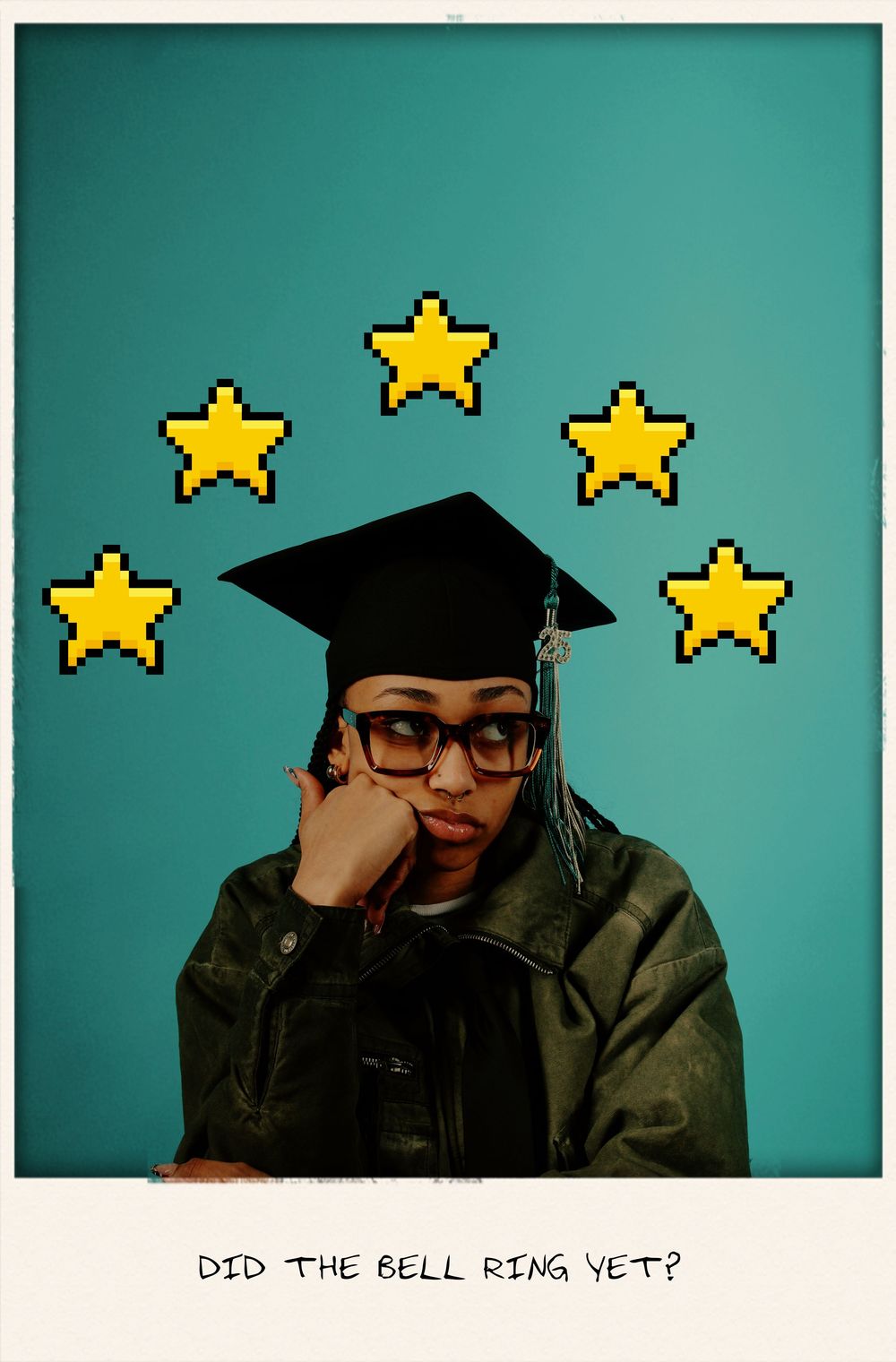 A four-panel comic strip shows someone in graduation attire anxiously checking their phone with pixel art stars in background.