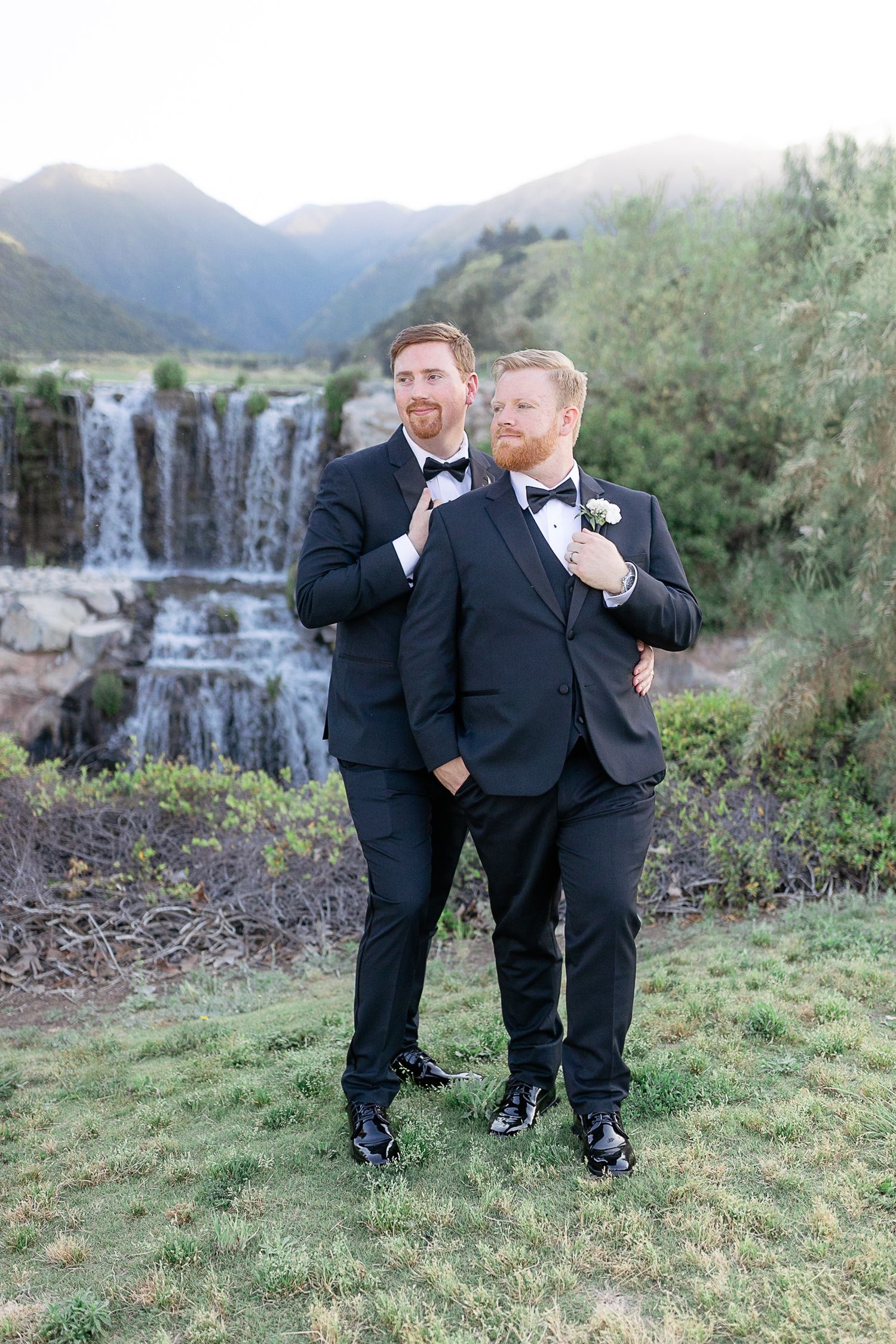 gay male couple wedding tuxedos waterfall