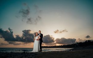 A series of panoramic sunset photos showing silhouettes against a dramatic beach sky with clouds and ocean views.