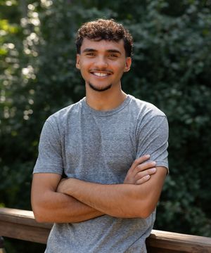 A sequence of casual outdoor portraits showing relaxed poses against a natural background with trees.