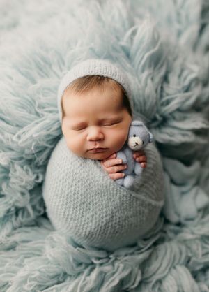 A sleeping baby wrapped in soft gray knit swaddle holding a tiny plush toy on a fluffy blue-gray backdrop.