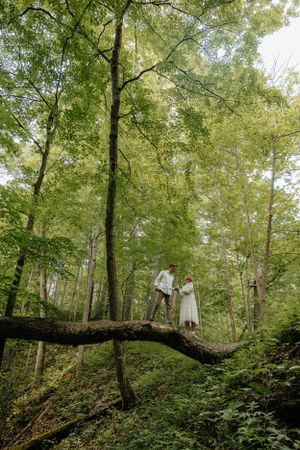 A couple stands together on a fallen tree trunk in a serene forest setting.