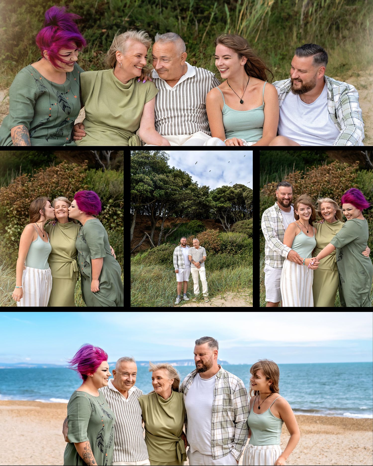 Parents with their adult children, laughing at the beach photo session at Highcliffe Beach.