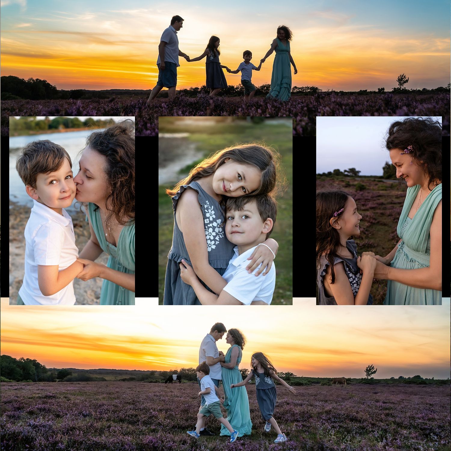 Family of four, playing at a photo session in the New Forest at sunset in the heather field.
