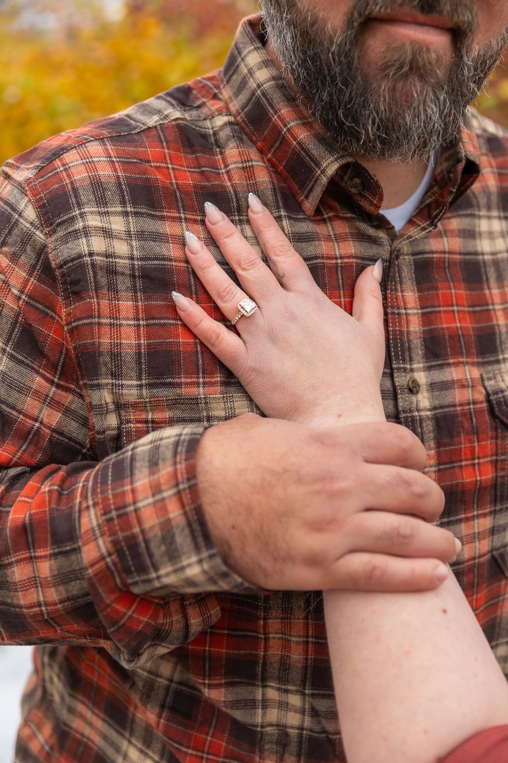 A person wearing a plaid flannel shirt places their hand over their heart in a sequence of close-up photos.