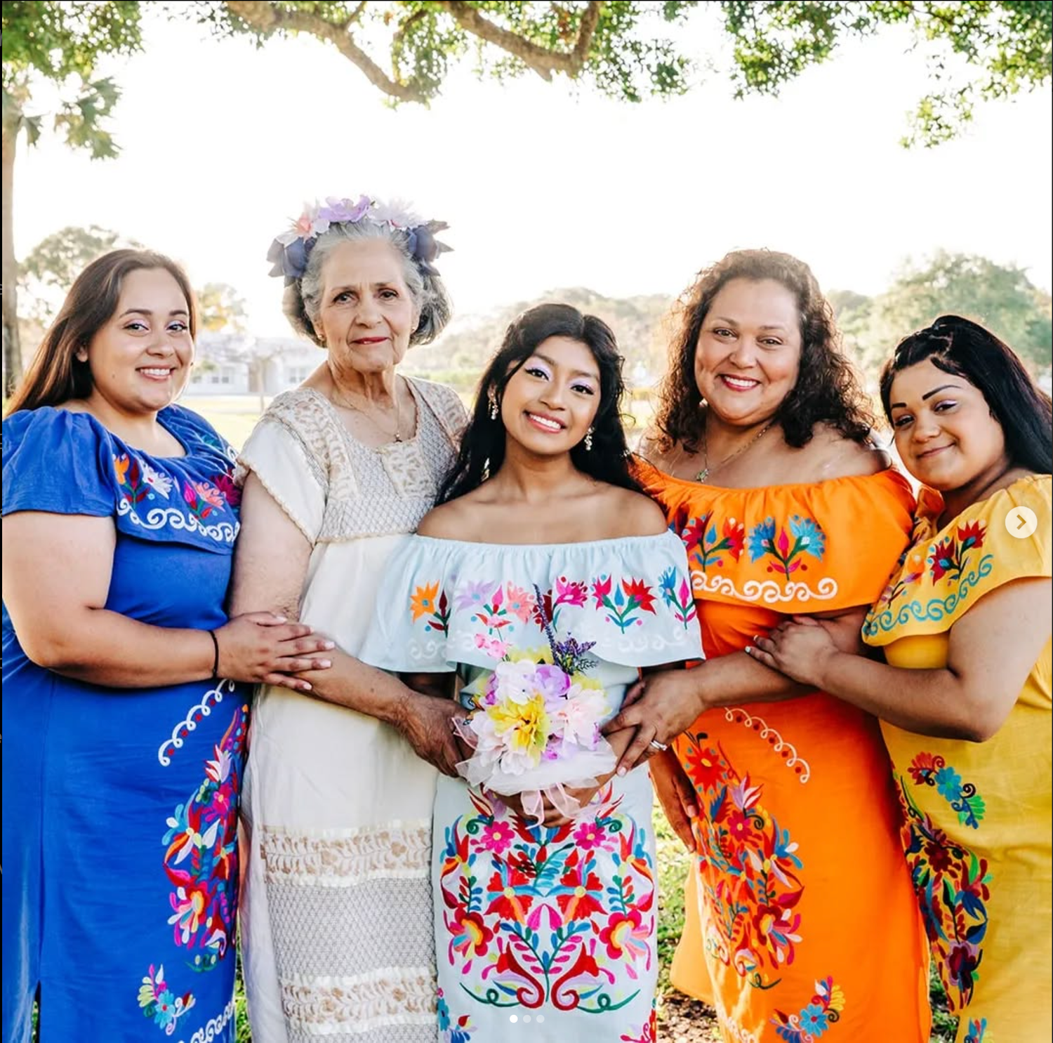 Quinceanera family portrait of teen and her sisters', mother and abuela during golden hour brightly colored by Photogenic Fox Photography