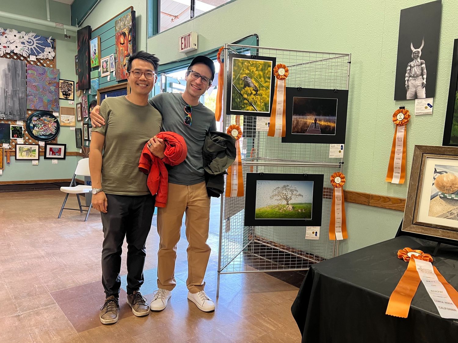 Framed mountain landscape photograph displayed on wall with award ribbon.