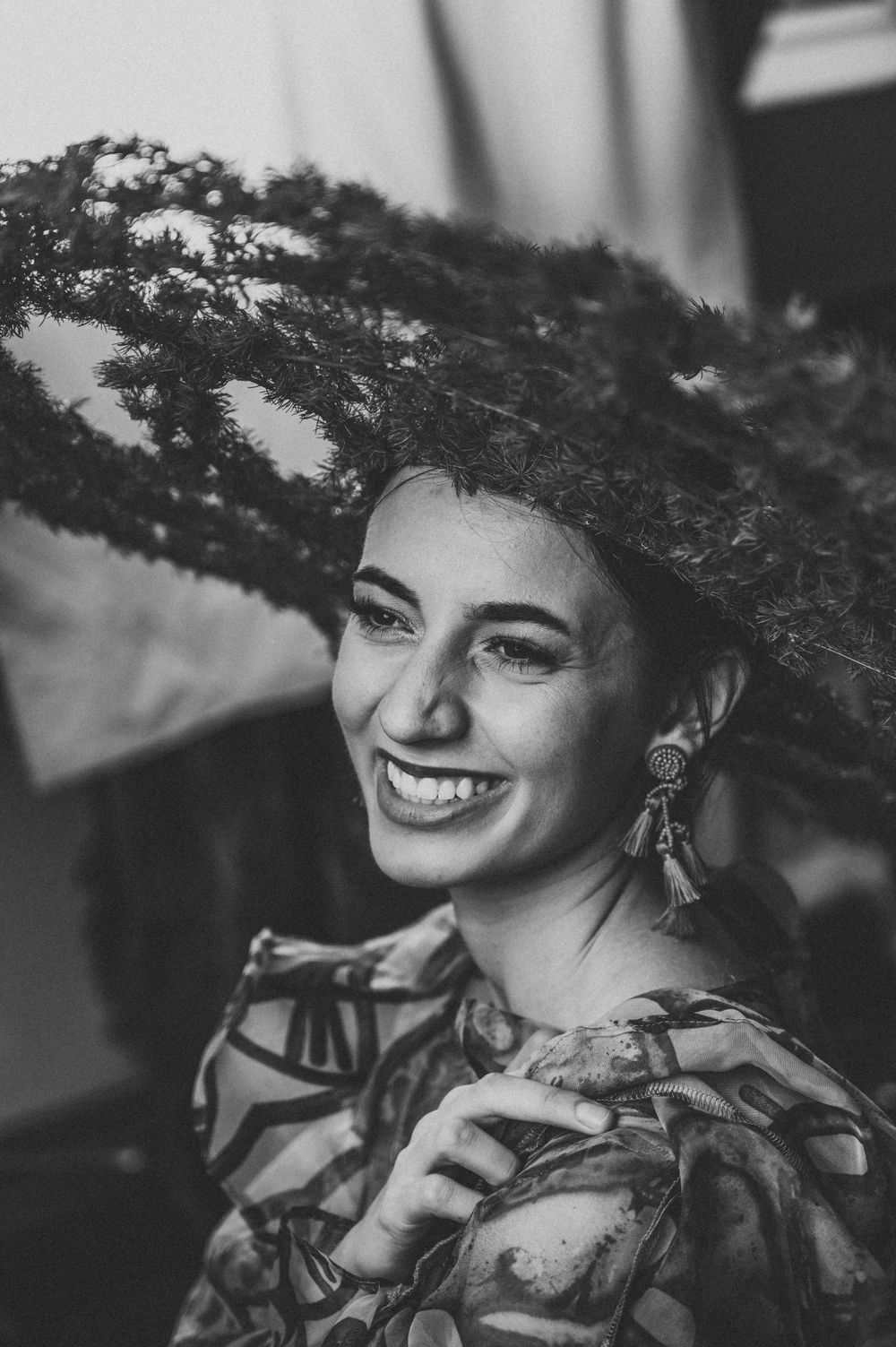 Black and white portrait featuring textured headpiece and patterned clothing. SIX84 Photography, Portrait Photography, Sydney