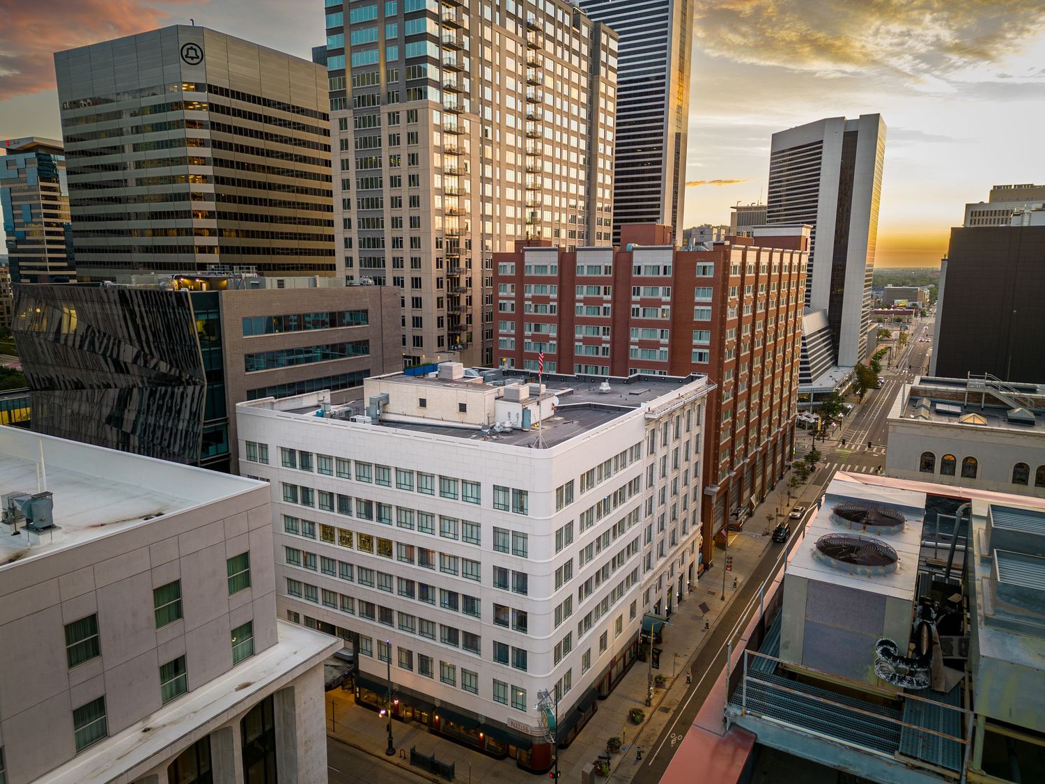Aerial/drone photo of the Kimpton Monaco Hotel Denver at sunrise by Hospitality, Travel & Tourism photographer Captain Colorado Photography