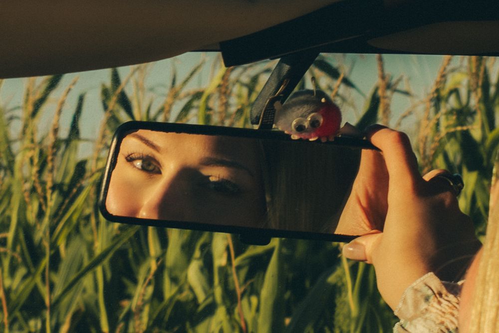 Woman's eyes reflected in a car rearview mirror with lush green cornfield in the background.