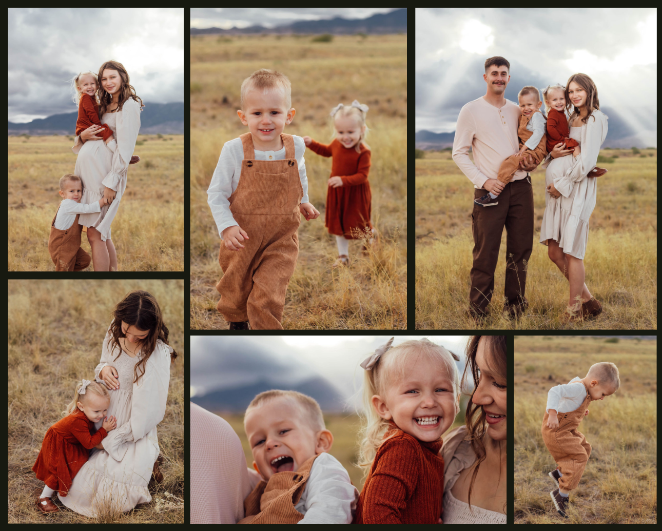 Family celebrating maternity during an outdoor photoshoot in Tucson, Arizona at Empire Ranch at sunset with clouds.