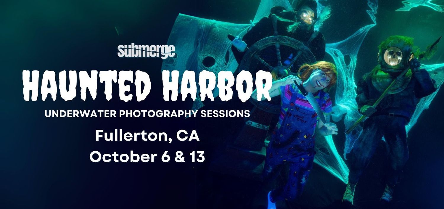 An eerie underwater Halloween-themed photo session advertisement shows divers and spooky elements in a dark aquatic setting.