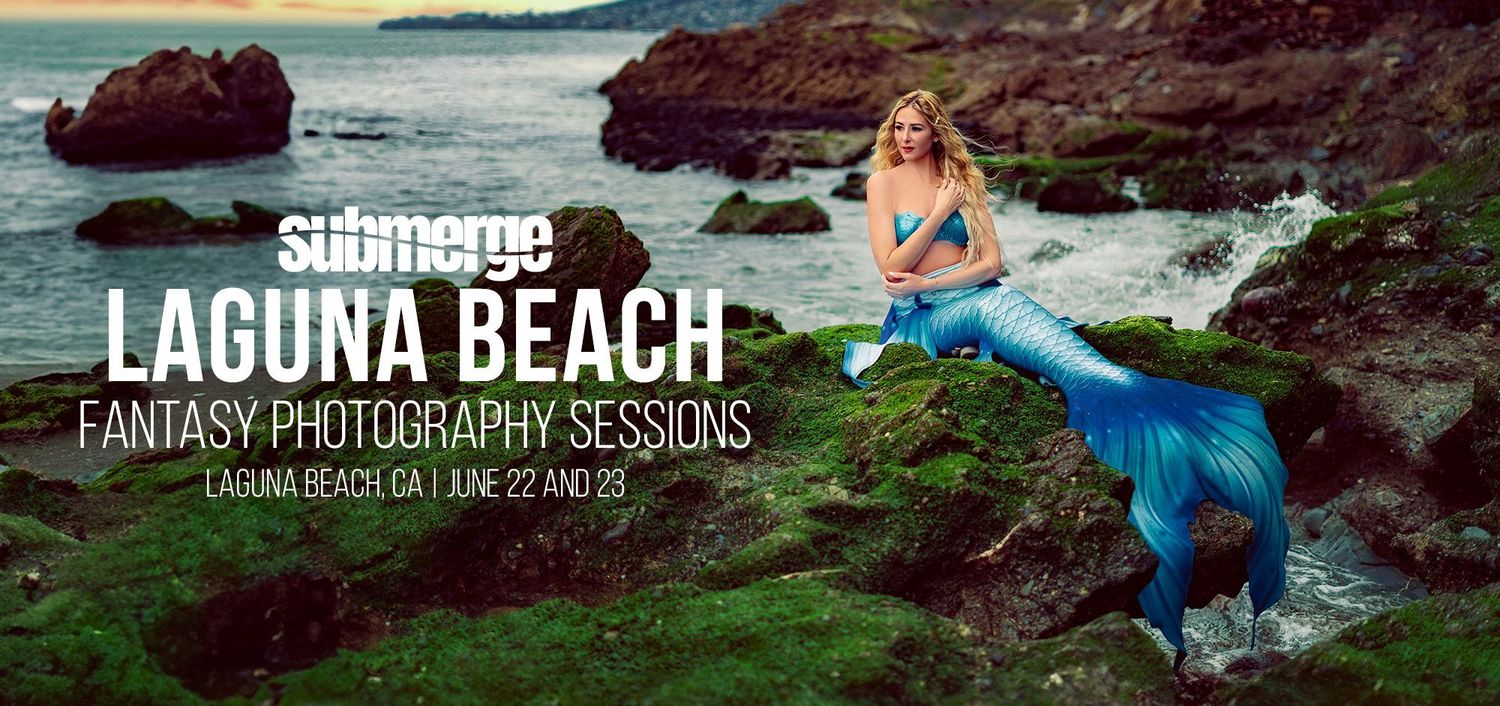 A series of coastal photography banners showing scenic rocky beaches and blue waters at Laguna Beach with dramatic waves.