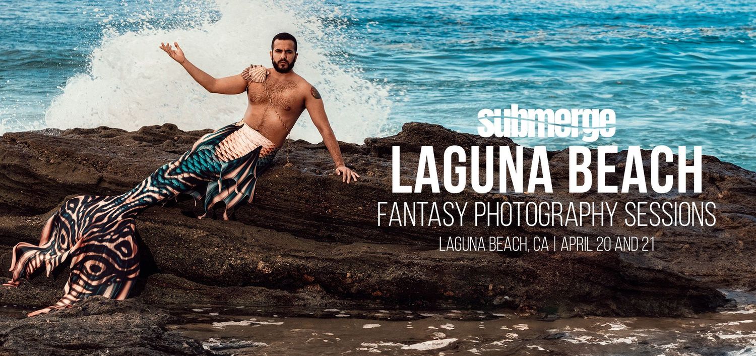 Surfer sits on rocky outcrop with crashing waves and blue ocean water at Laguna Beach during creative photoshoot session.