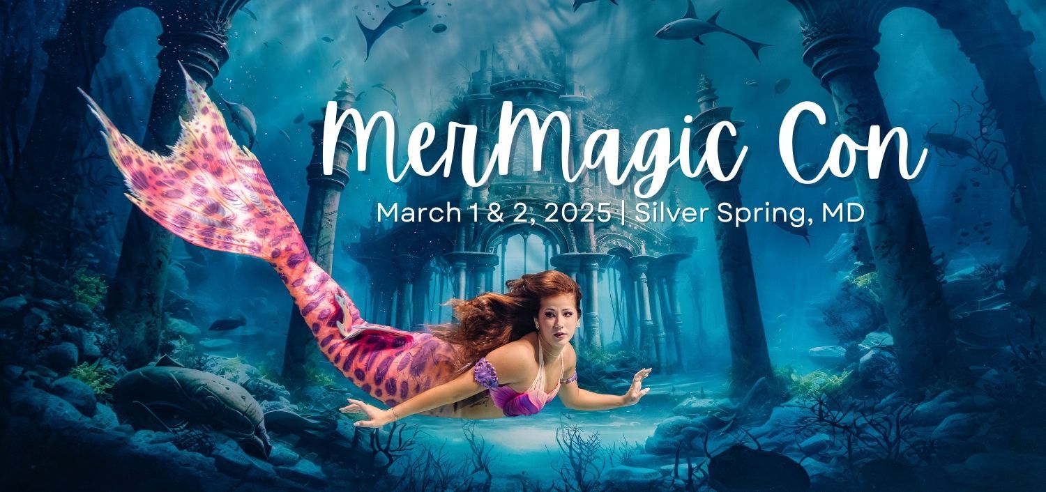Promotional banner for MerMagic Con event showing a mermaid with pink tail swimming underwater in a mystical forest setting.