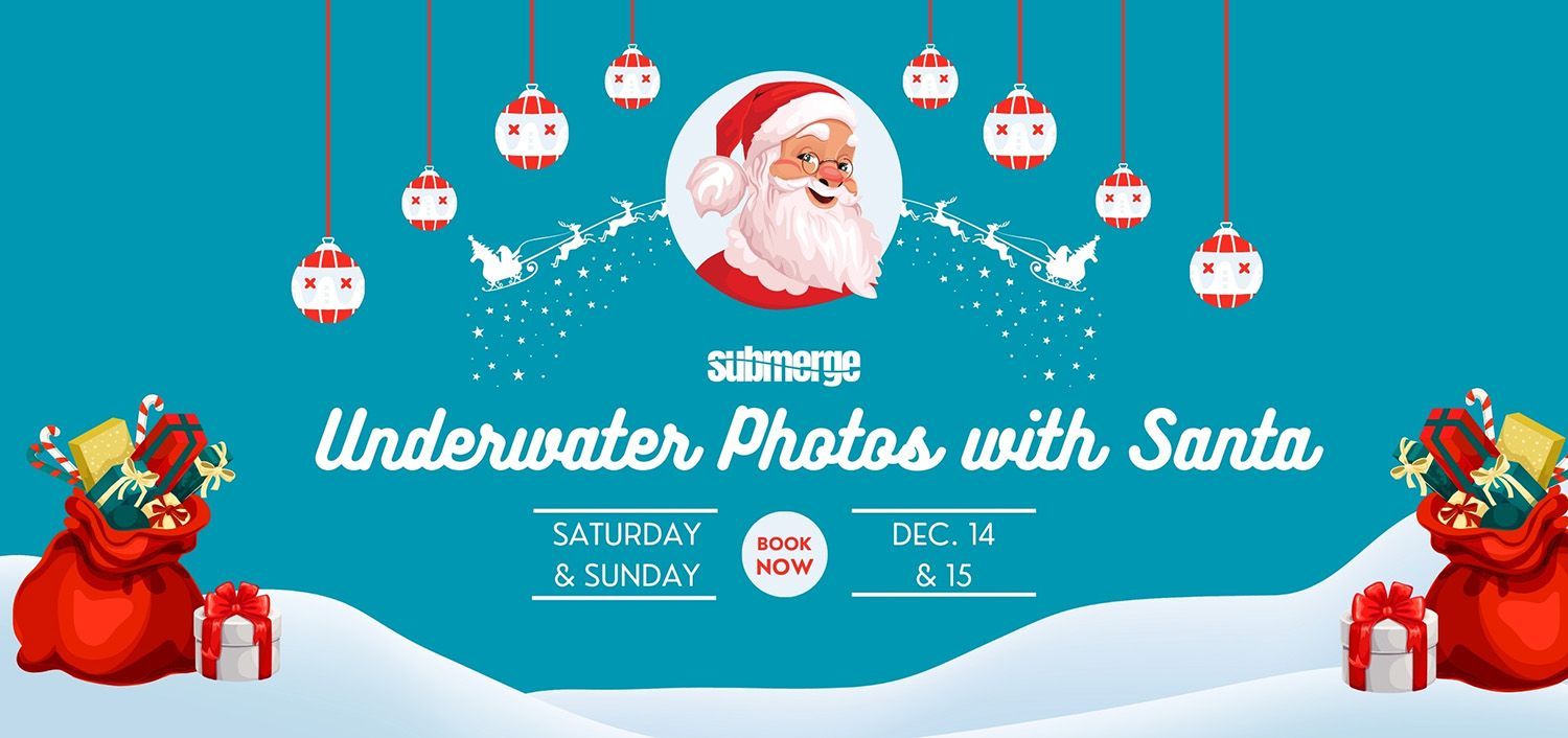 Festive Christmas banner with hanging ornaments and Santa illustrations against a turquoise blue background.