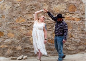 Series of outdoor photos against a textured stone wall background.