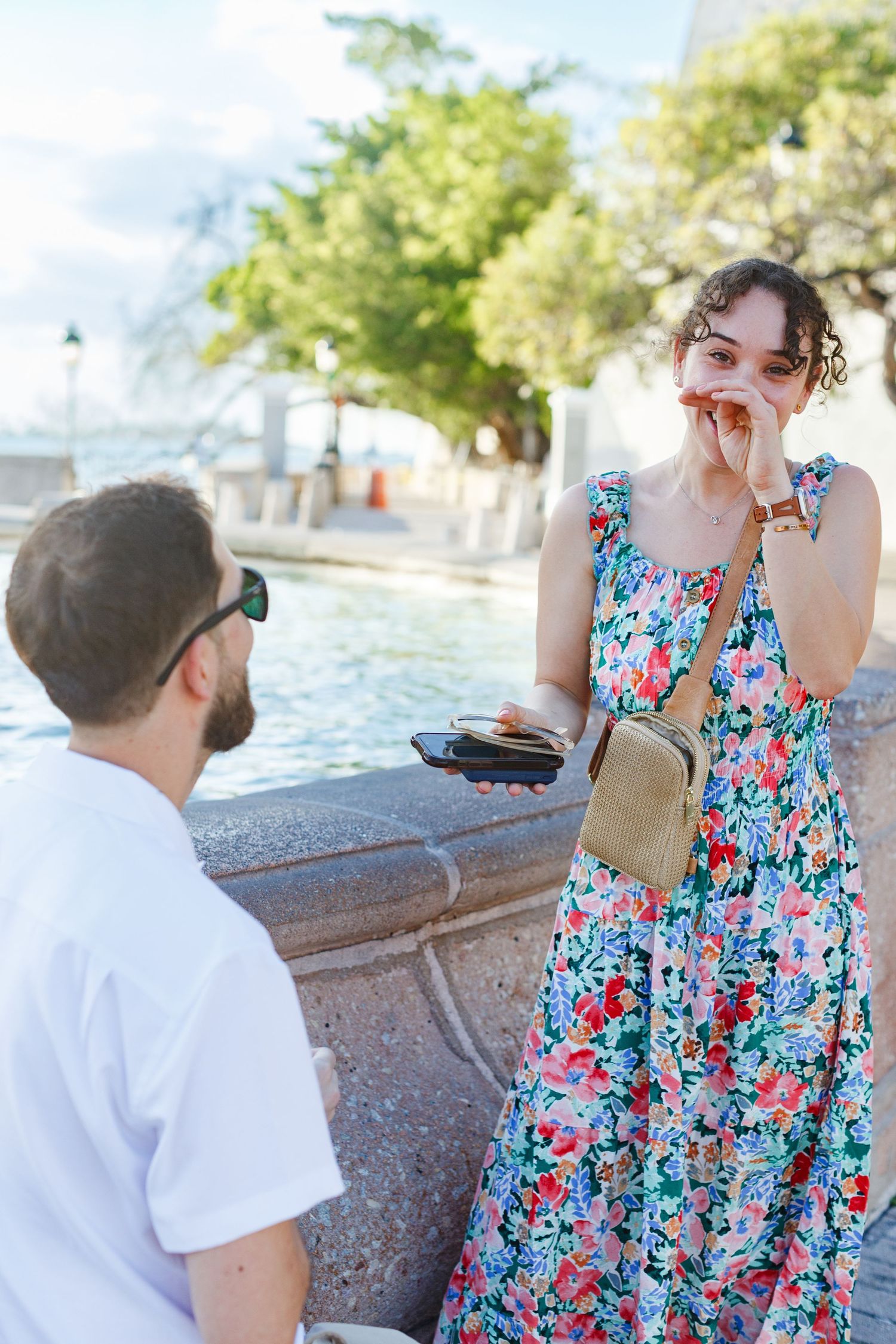Couples portrait. Marriage proposal at Fuente Raíces in Old San Juan, Puerto Rico.