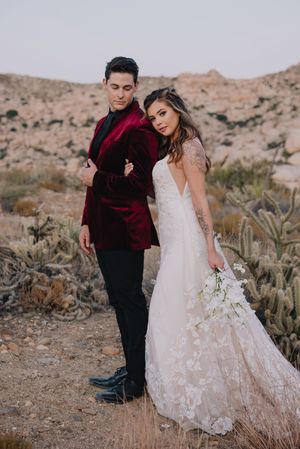 Bride and groom pose back-to-back in desert landscape, she in lace gown with bouquet, he in burgundy velvet blazer.