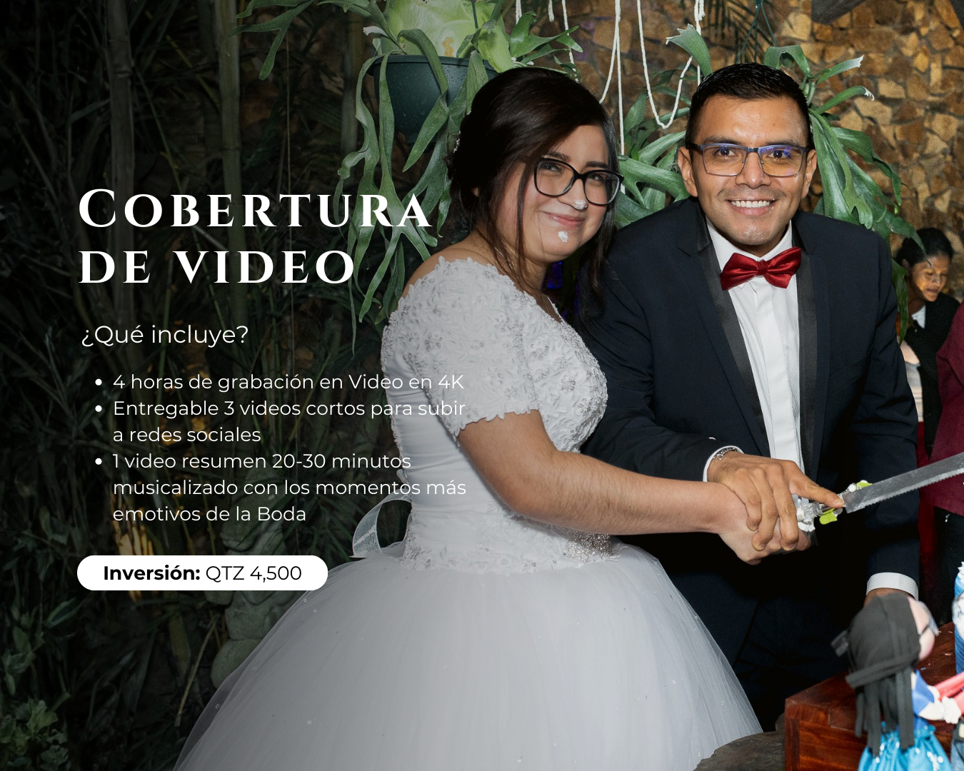 Wedding couple poses together outdoors with festive decorations and greenery in the background.