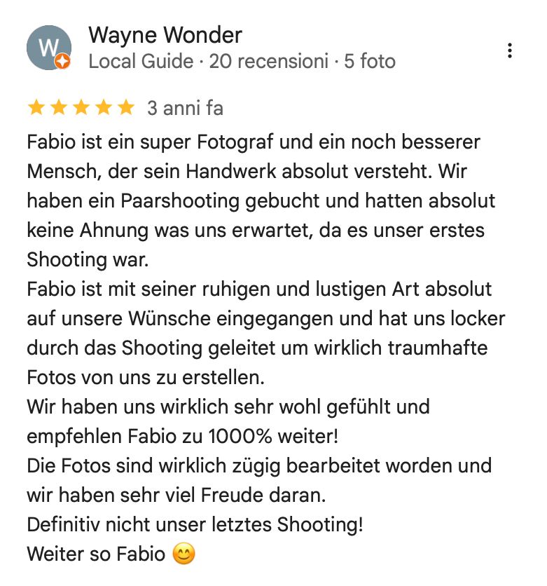 Empfehlung von Aylin: Fabio ist ein super Fotograf und noch besserer Mensch. Wir haben uns beim Paarshooting sehr wohl gefühlt
