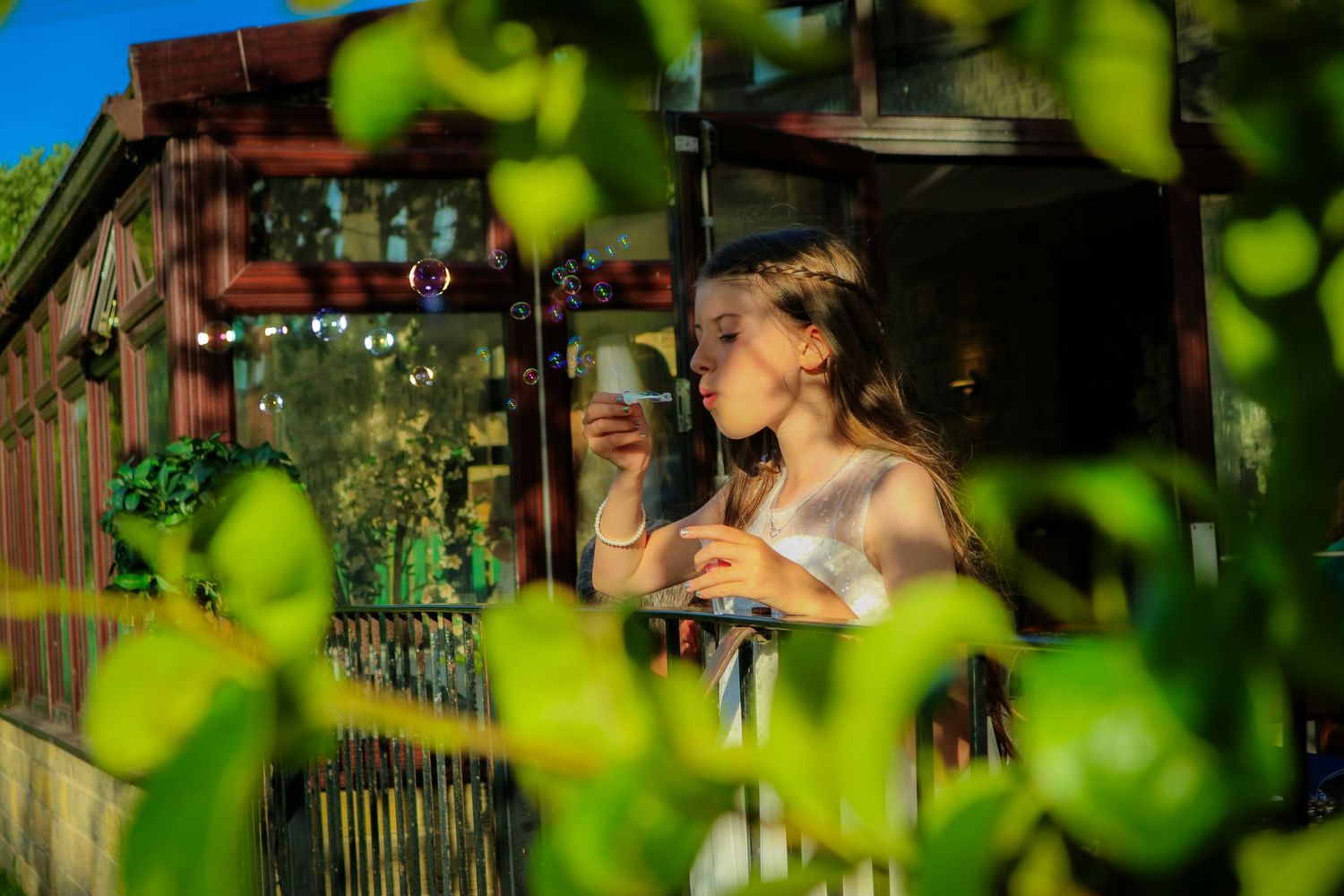 Wedding celebration scene through green foliage with soft bokeh effect.