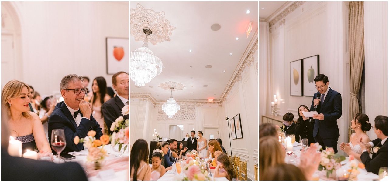 Wedding guests enjoy a reception dinner while listening to speeches in an elegant banquet hall at the Rosewood Hotel Vancouver.