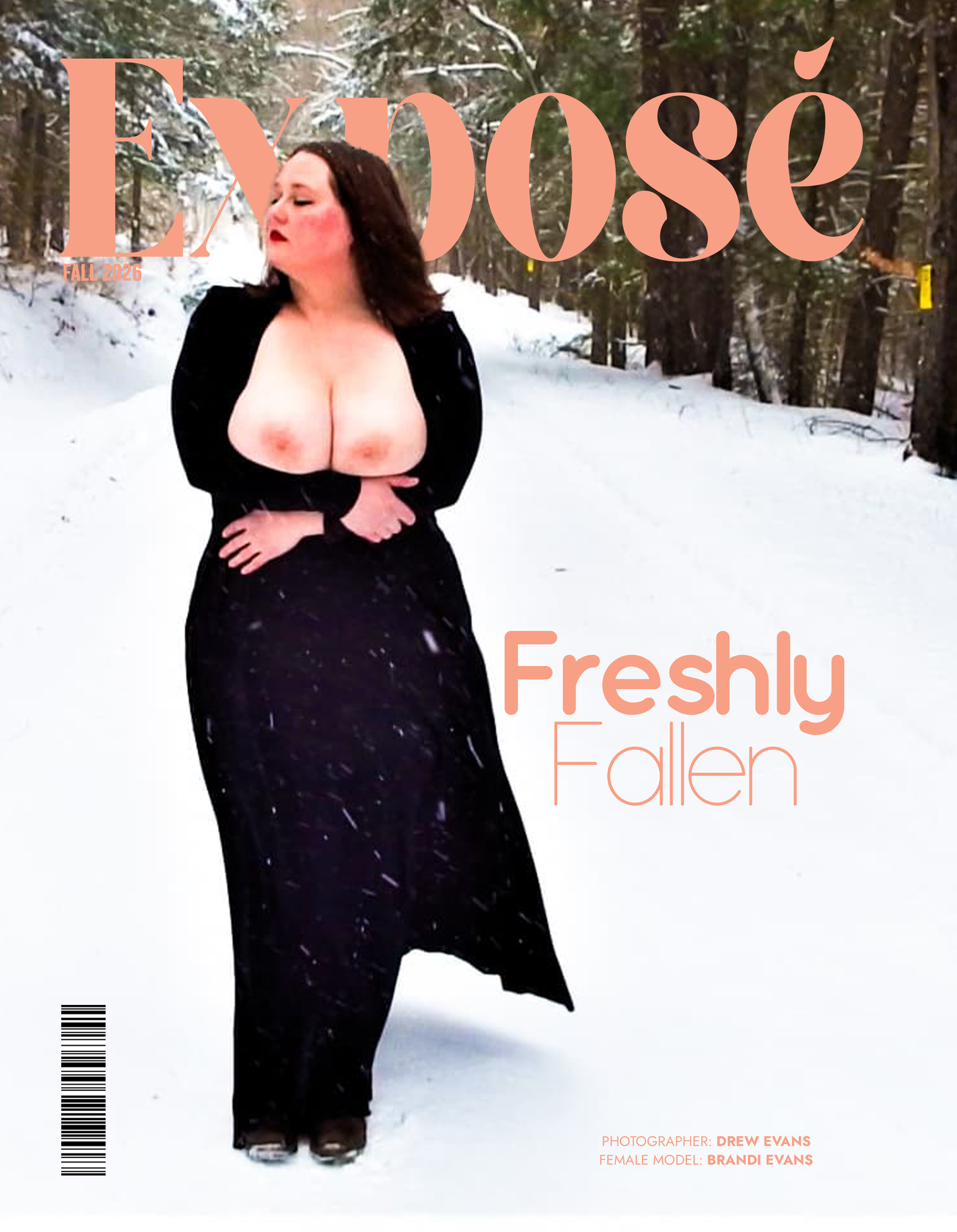 Snow covered winter landscape with orange text overlay reading 'Pose'.