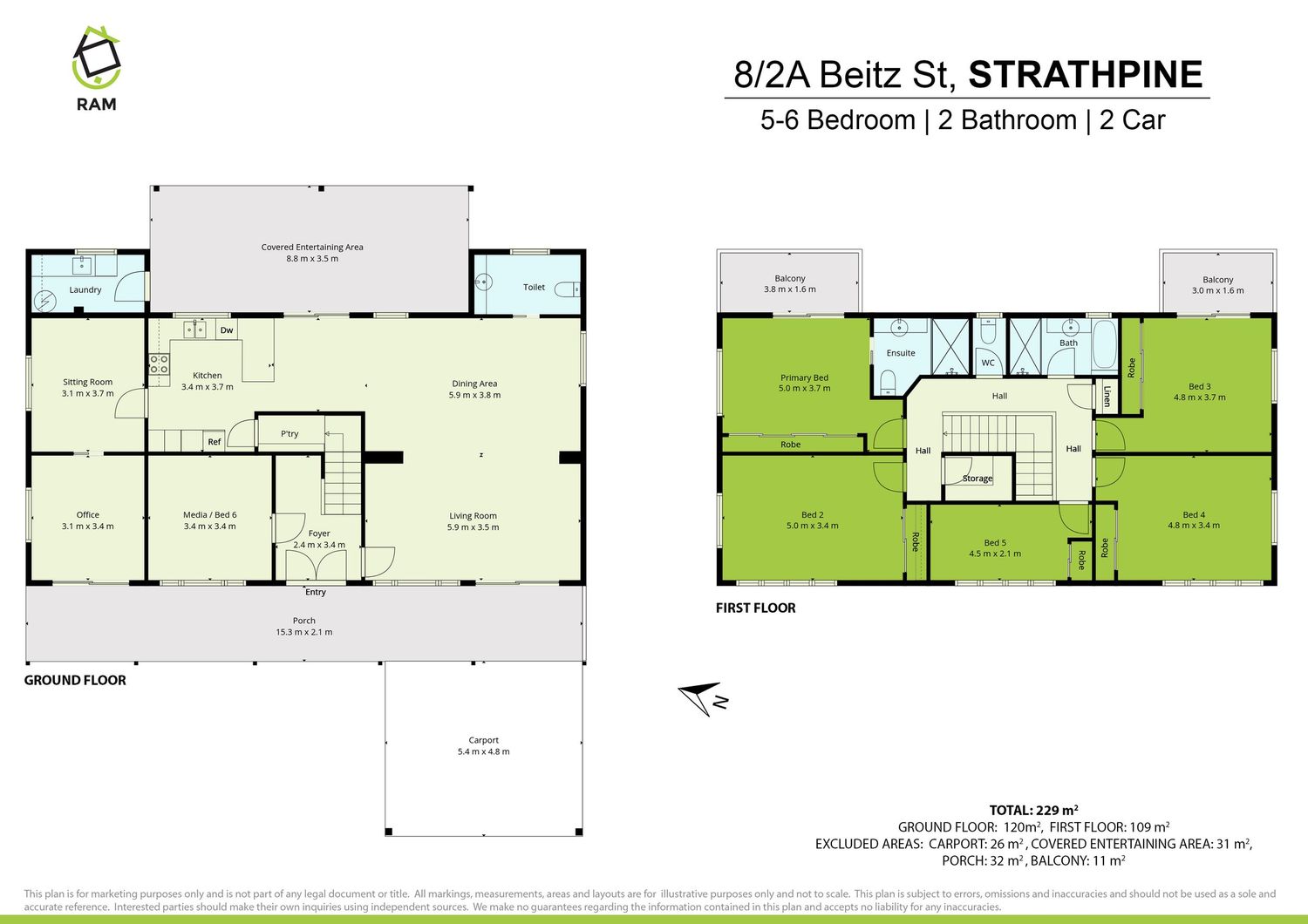 Two-storey floor plan of unit in Strathpine showing 5-6 bedroom, 2 bathroom home with ground and first floor layouts.