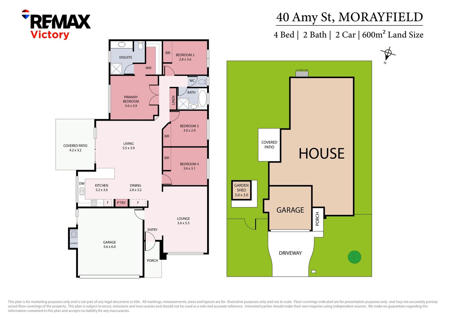 Floor plan in Morayfield showing 4-bed 2-bath 2-car layout on 600sqm land with garage.