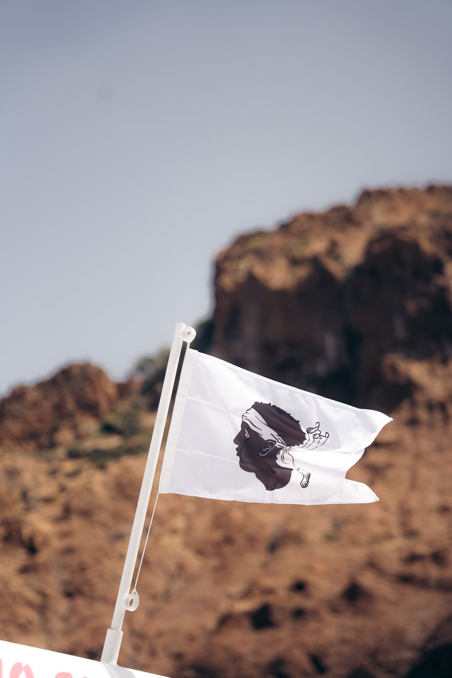 drapeau corse avec la roche rouge de la réserve de scandola en arrière-plan