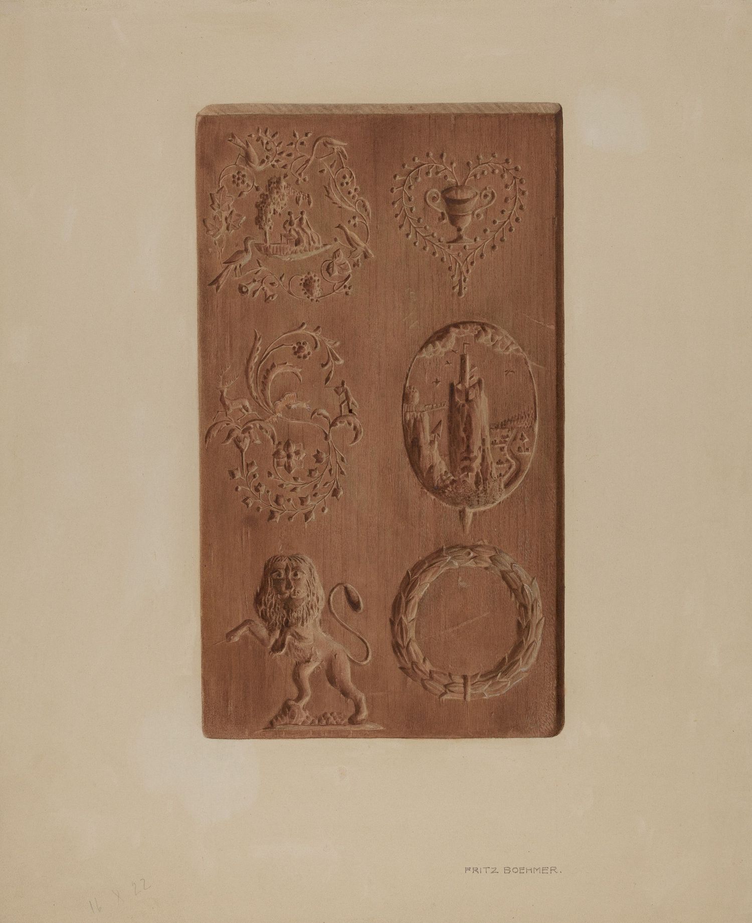 A series of vintage brown terracotta decorative wall tiles with heraldic designs featuring lions and crests.