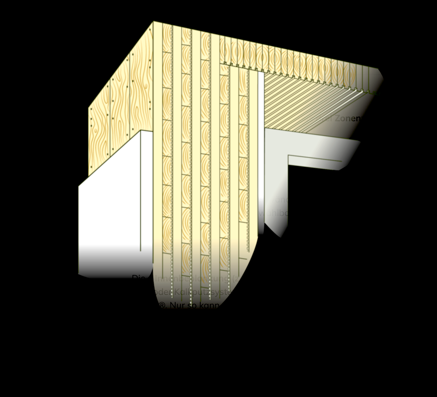3D architectural rendering showing a sequence of white and wood paneled wall sections with dramatic lighting effects.