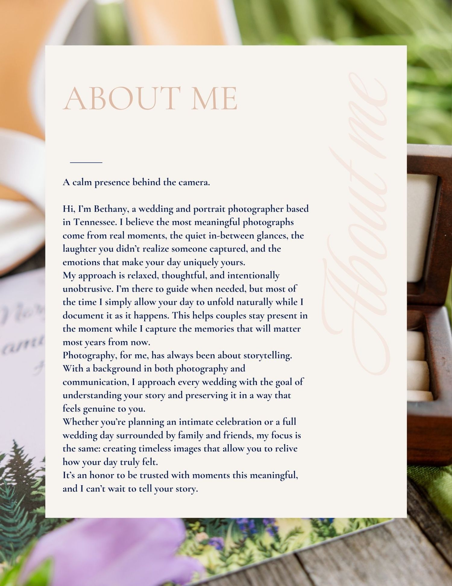 A soft-focus photograph of an 'About Me' page with elegant text describing a photographer's approach to capturing memories.