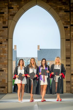 A sequence of graduation photos showing graduates in black robes walking under stone archways.