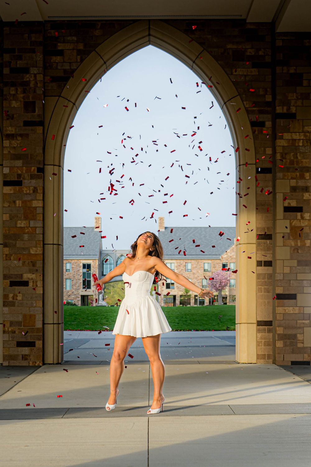 A sequence of photos showing rose petals being tossed in the air under a stone archway on a sunny day.