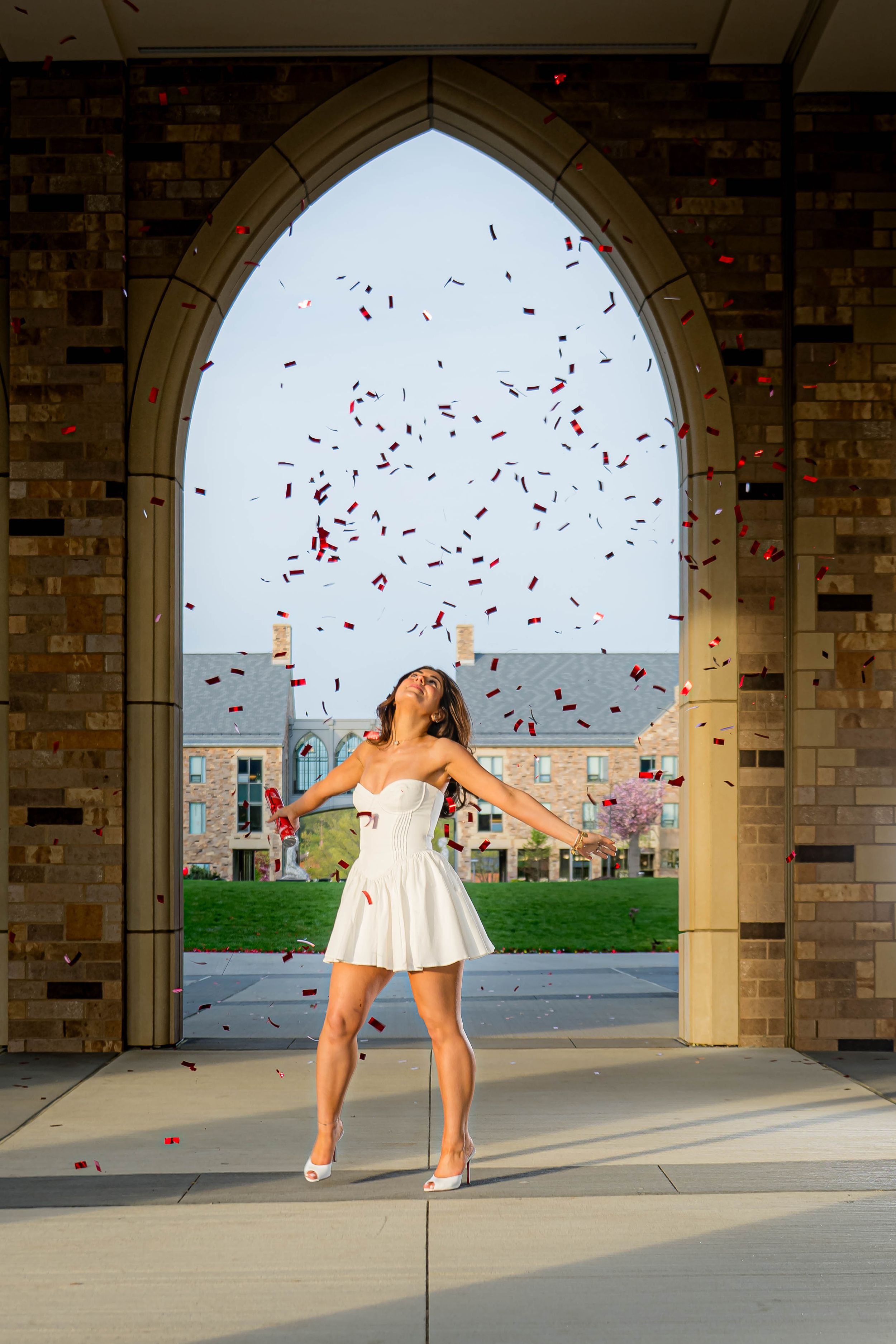 A sequence of photos showing rose petals being tossed in the air under a stone archway on a sunny day.