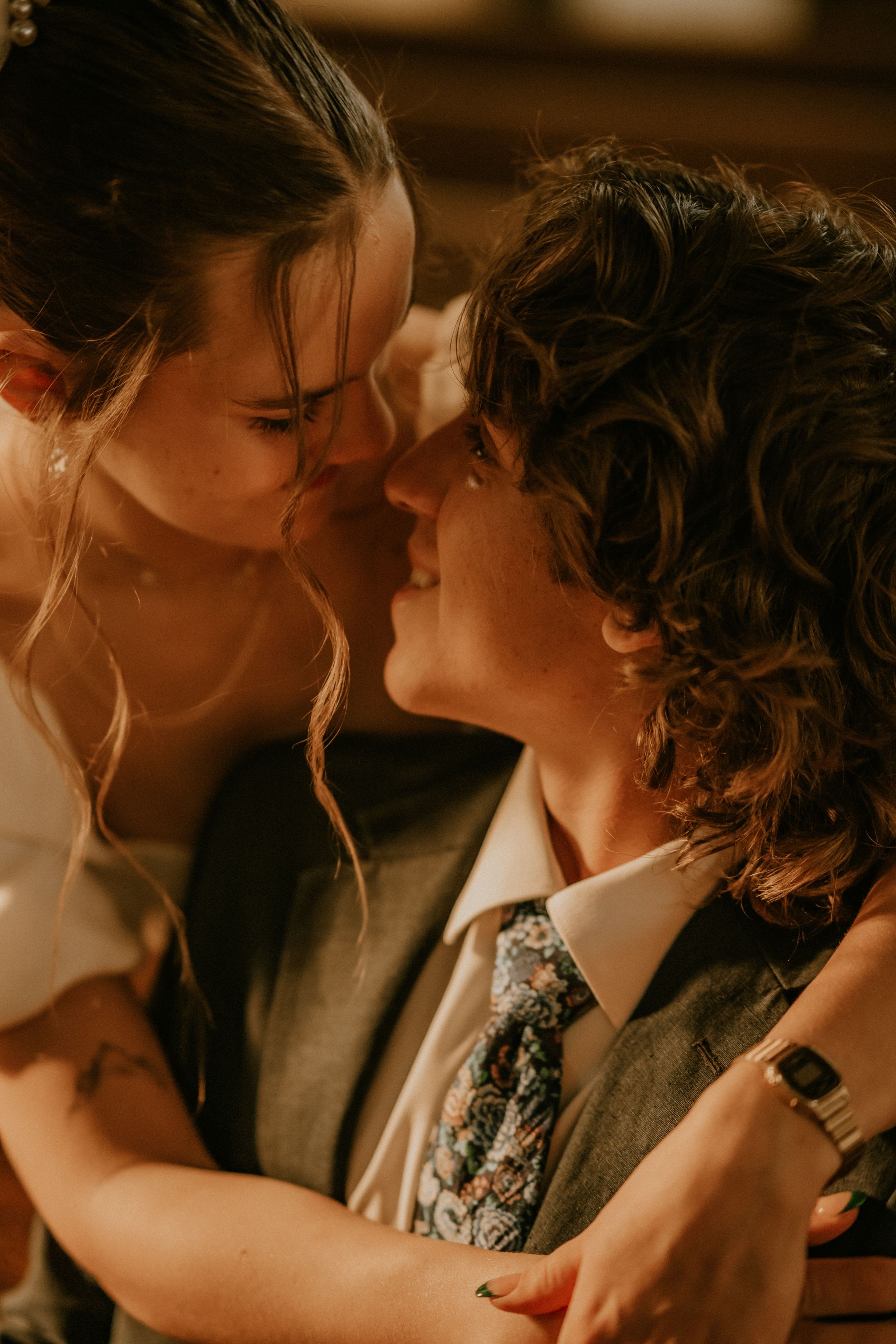 A romantic couple sharing intimate moments in a series of warm-toned photographs.