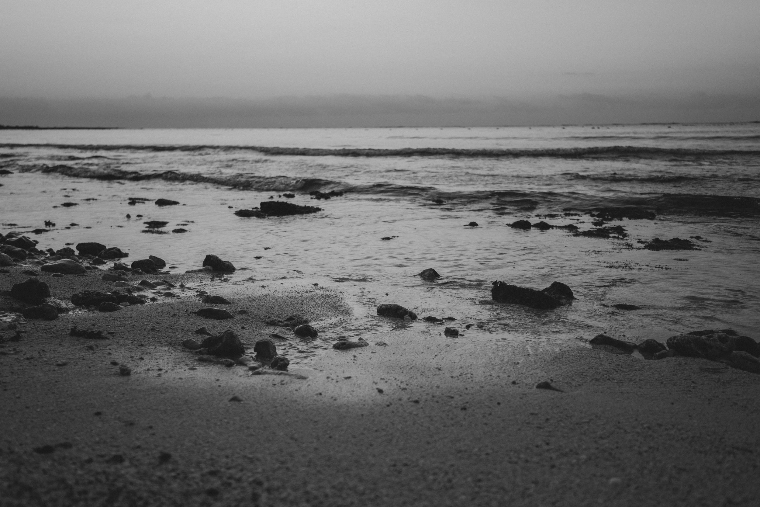 Moody black and white seascape with rocky shore and misty horizon.