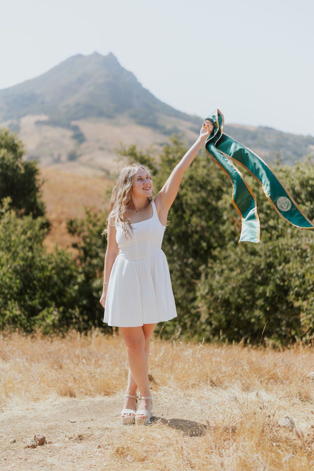 A person in a white dress stands in a field holding up a teal scarf against a mountainous backdrop on a sunny day.