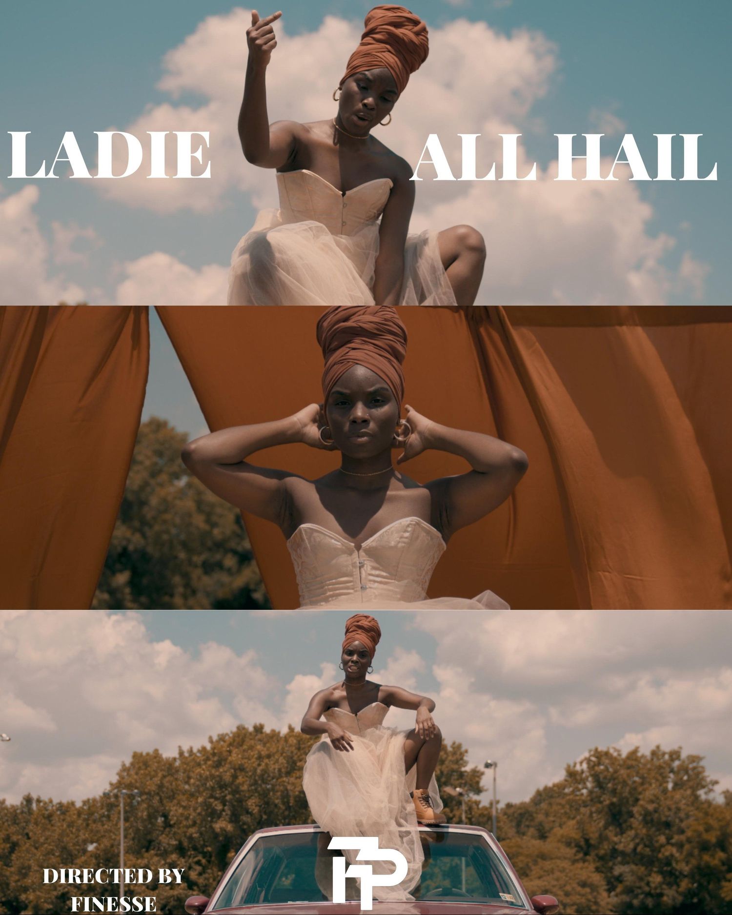 Artistic fashion shoot featuring model in cream outfit against sky and car backdrop.
