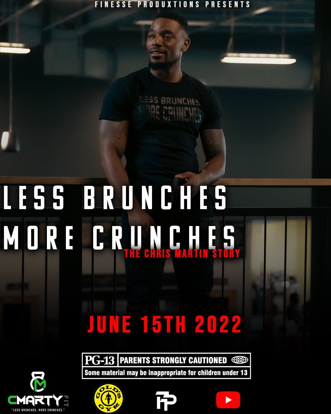 Promotional poster for fitness event 'Less Brunches More Crunches' with dark background.