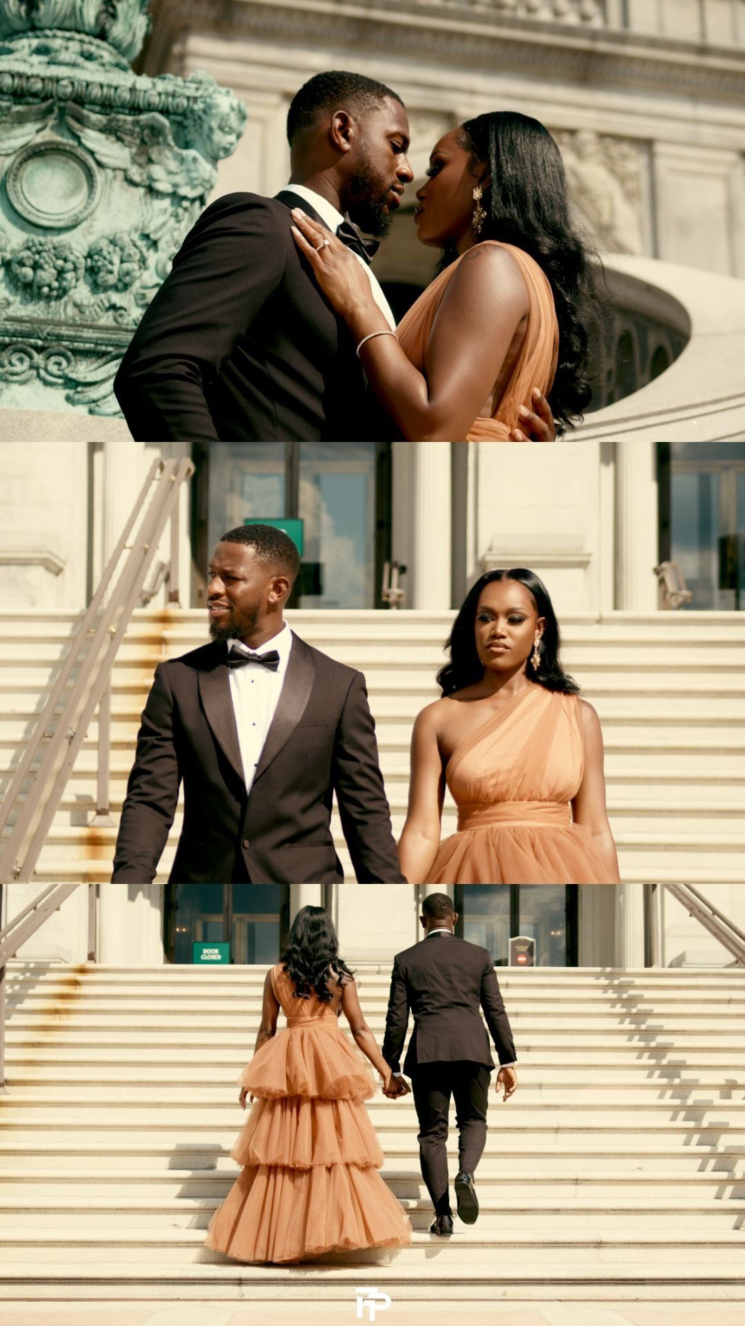 Romantic engagement photoshoot on grand marble steps in formal attire.