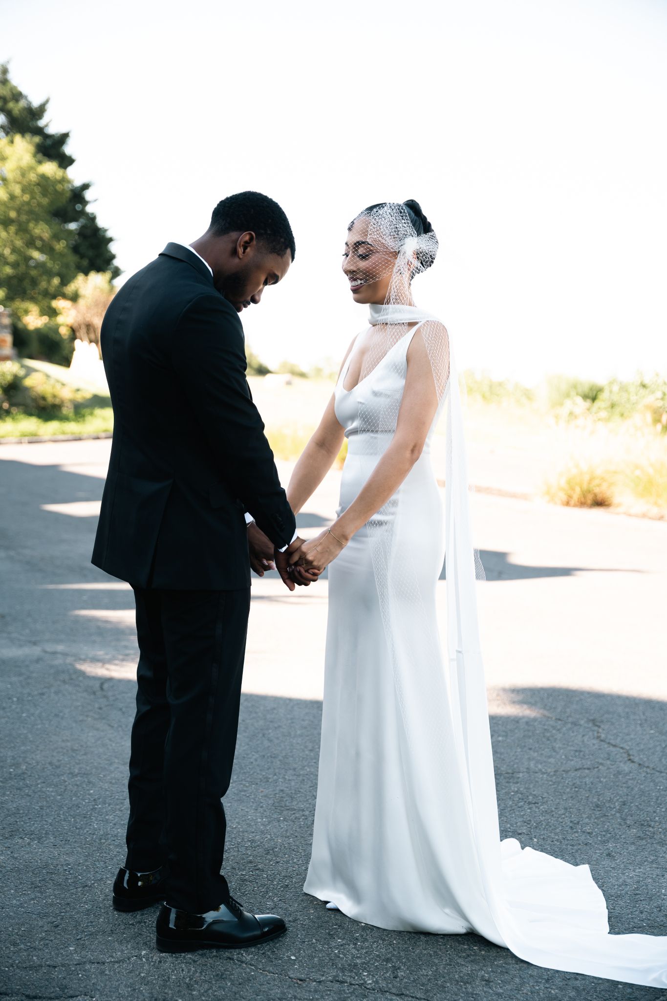 A sequence of wedding photos showing a groom kneeling and proposing to a bride in a white dress outdoors.