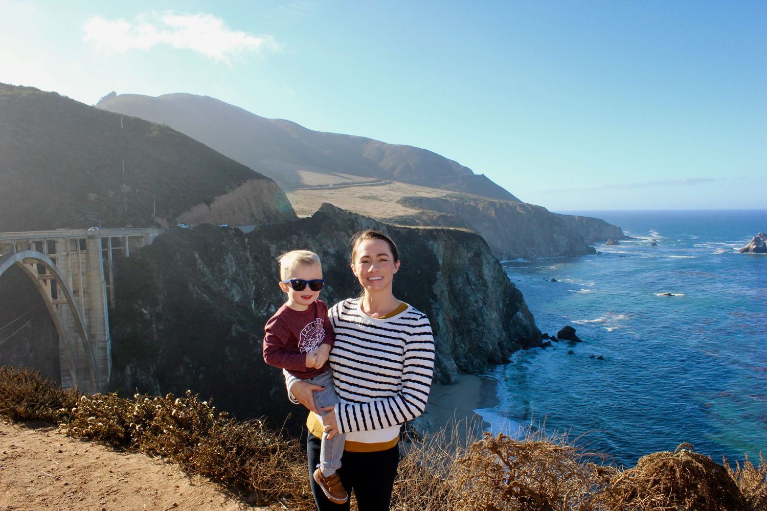 Scenic view of Bixby Bridge and California coastline with dramatic cliffs and ocean waves.