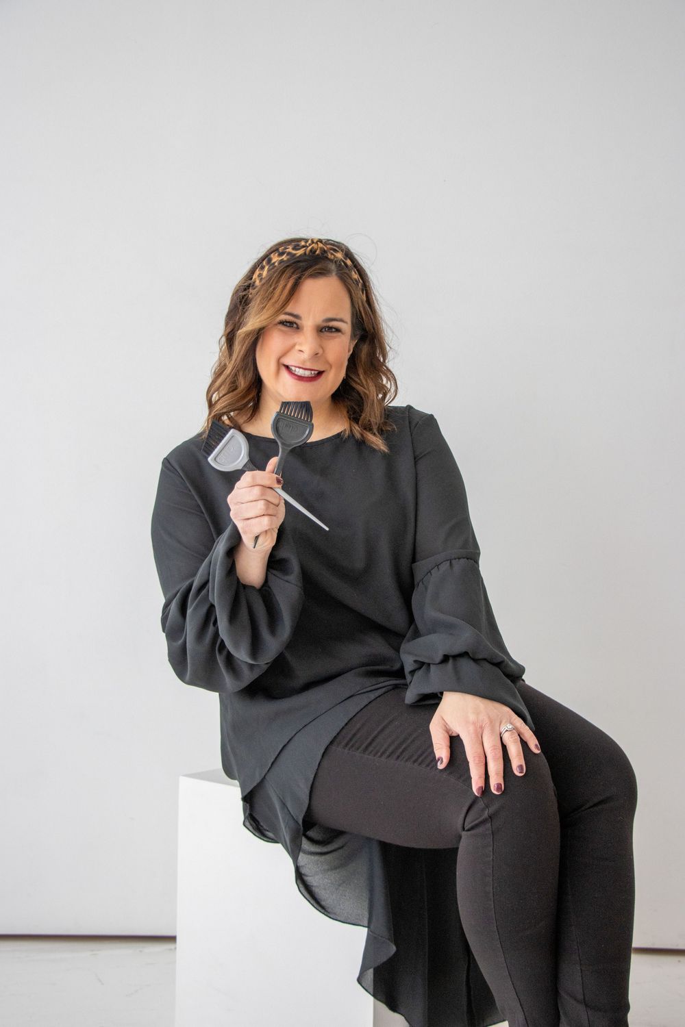 Cincinnati studio branding session featuring hairdresser portraits for business promotion and professional headshots.